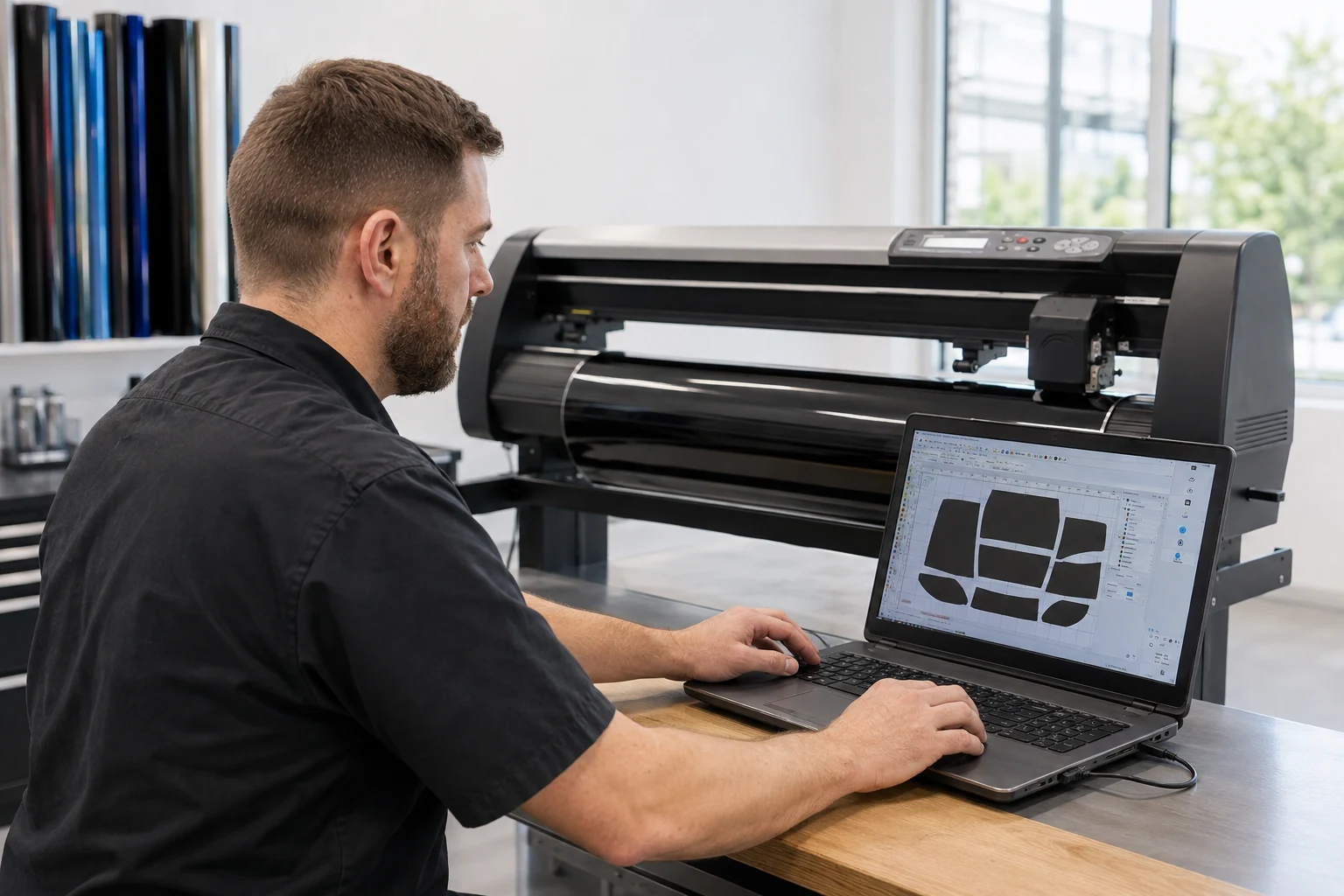 A tint installer preparing vehicle window patterns on a laptop beside a precision film-cutting plotter