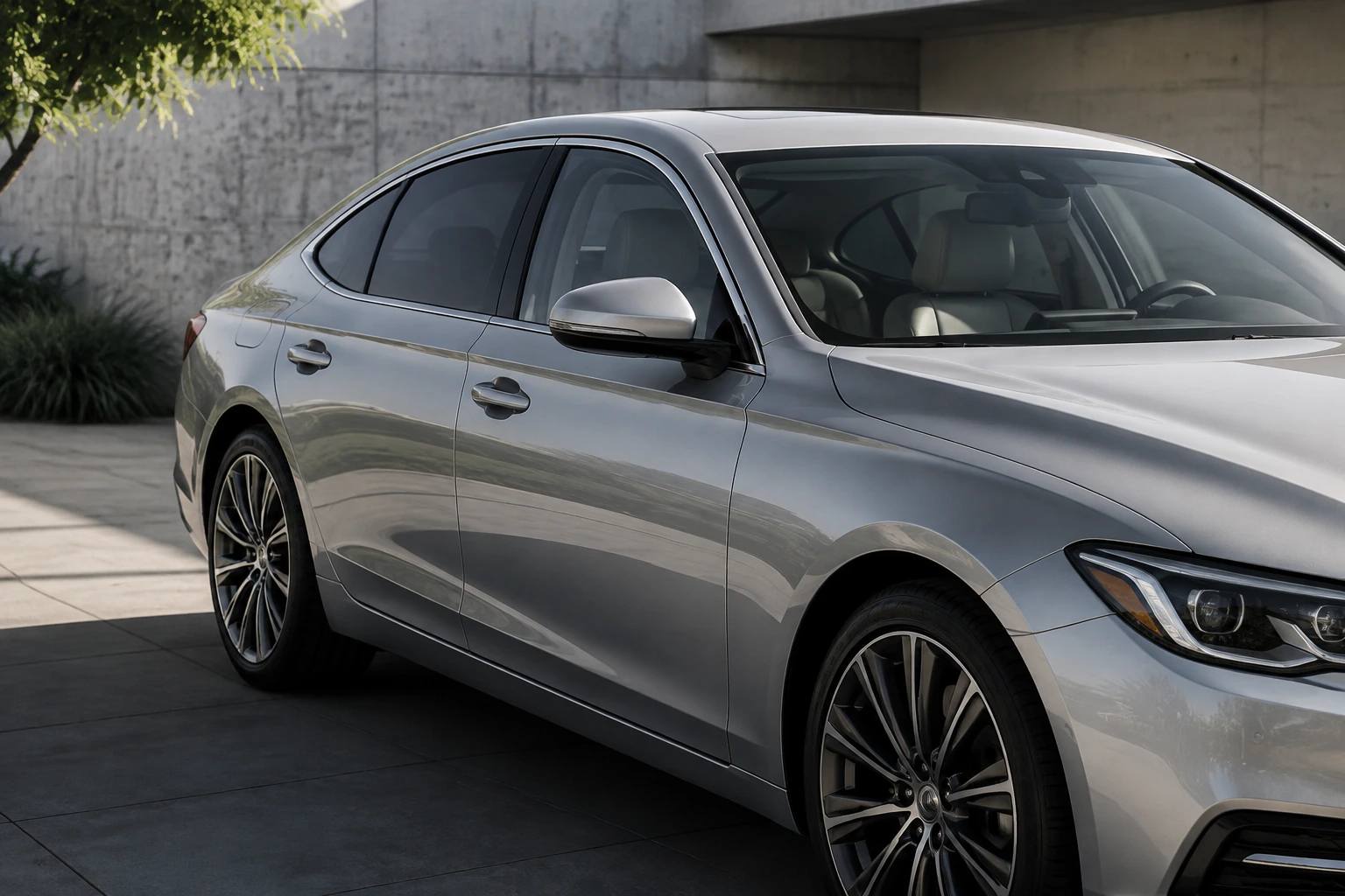 Light smoke-grey windows on a silver sedan in soft morning light