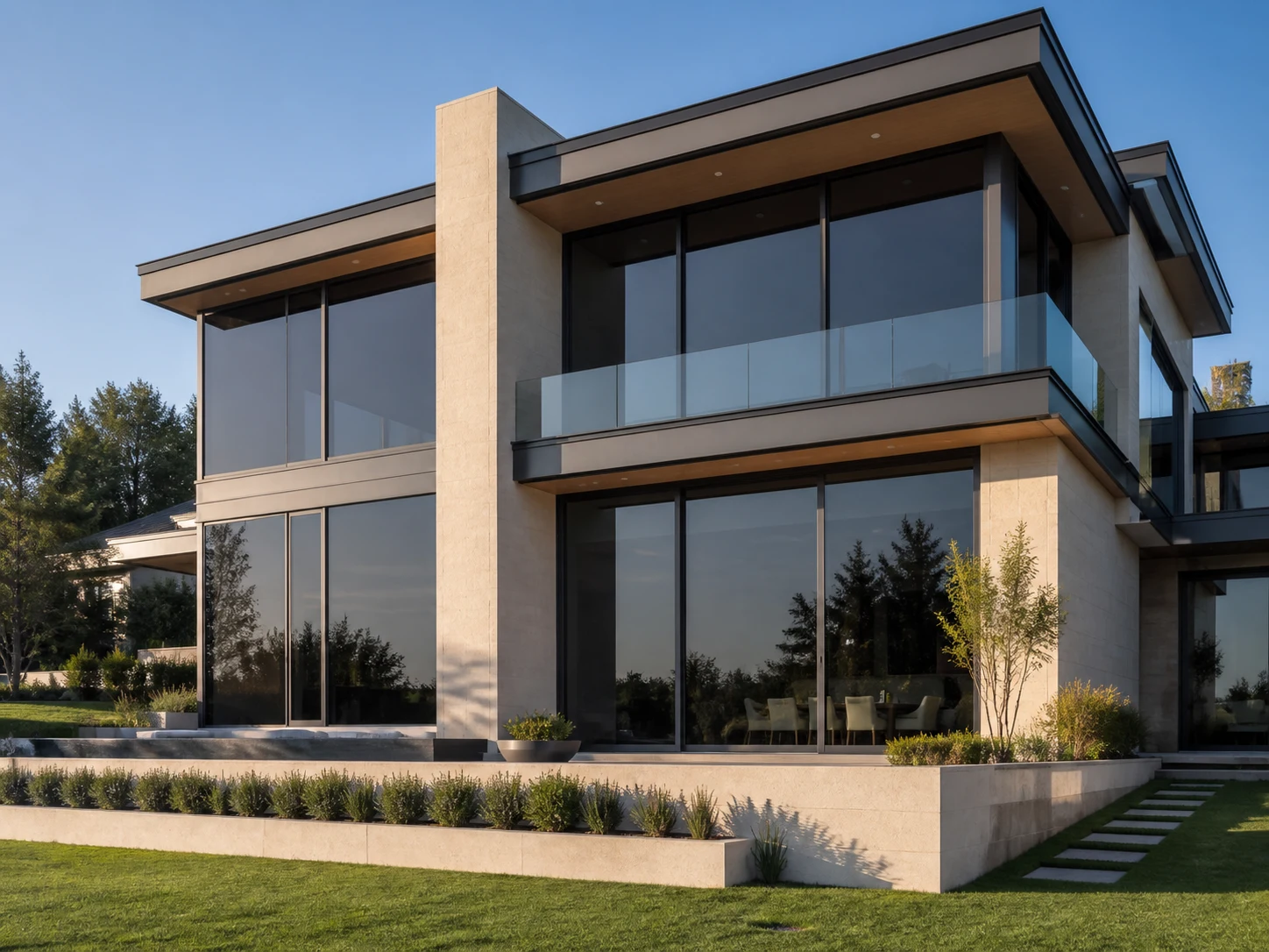 A modern home with even smoke-grey architectural tint across its floor-to-ceiling windows