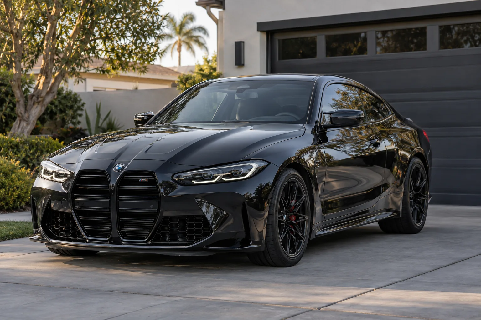 A black BMW M4 with tinted windows on a driveway in the sun