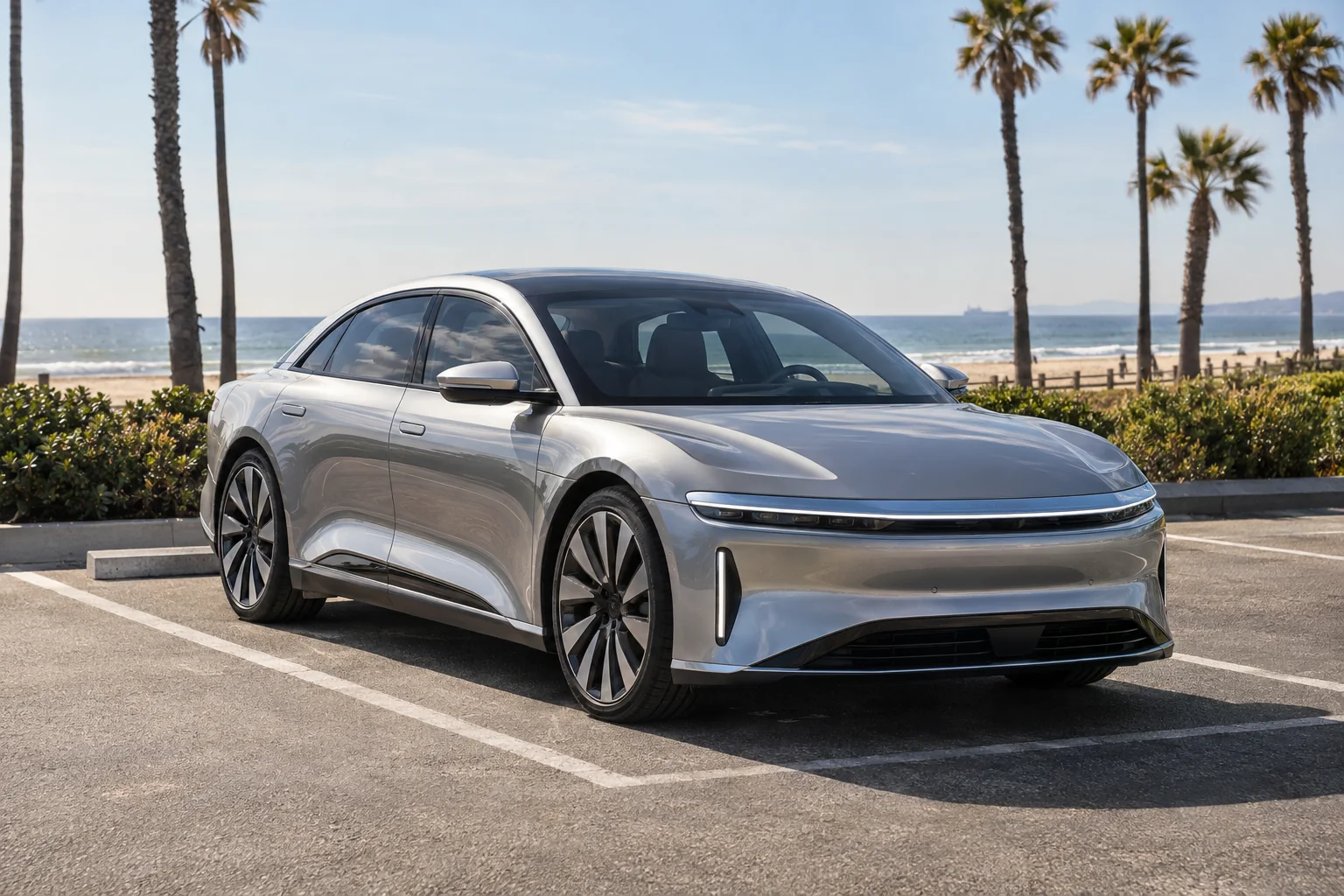 A silver Lucid Air with light ceramic tint in hard California sun