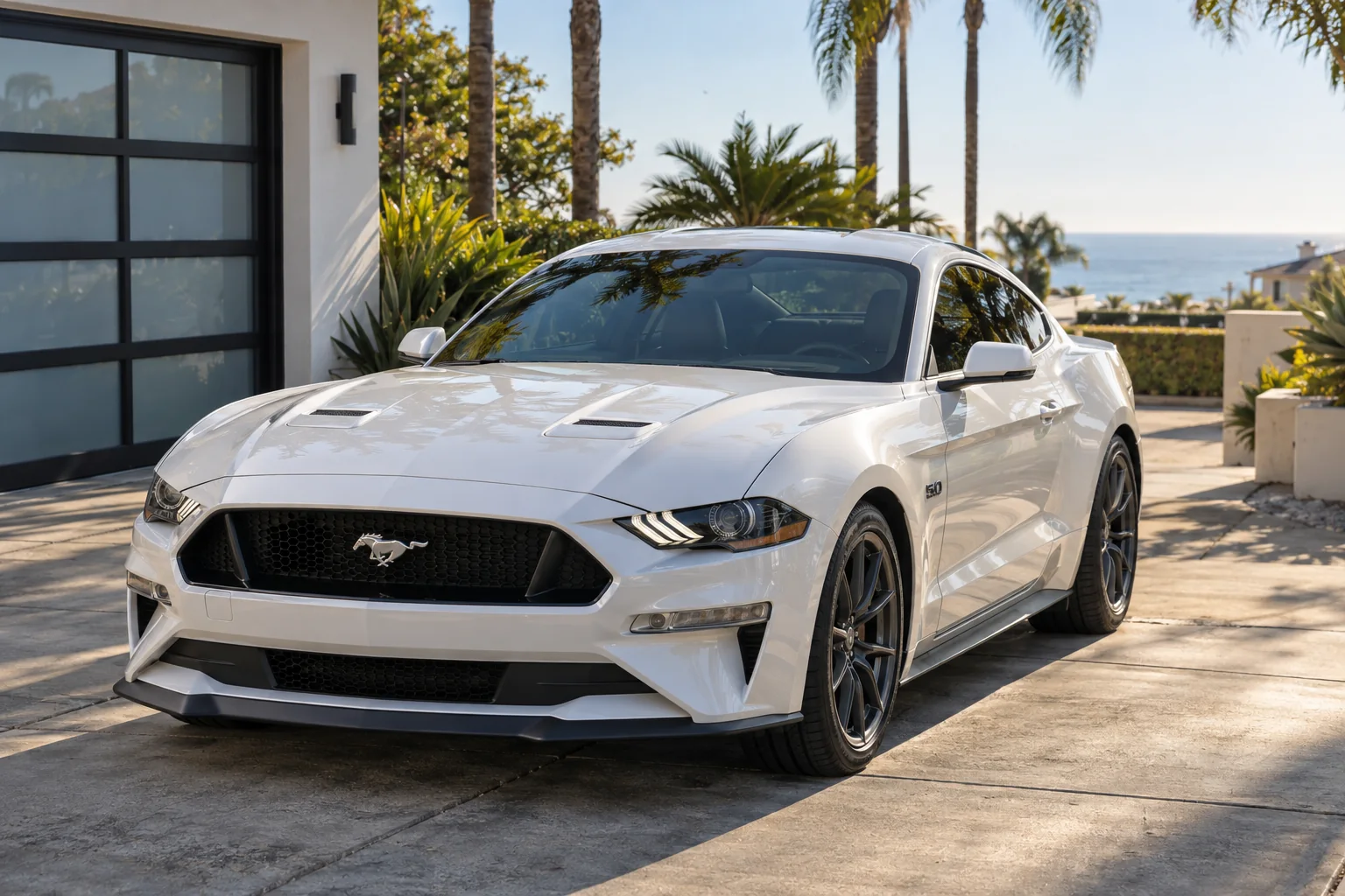 A glossy white Ford Mustang with a ceramic coating on a sunny driveway
