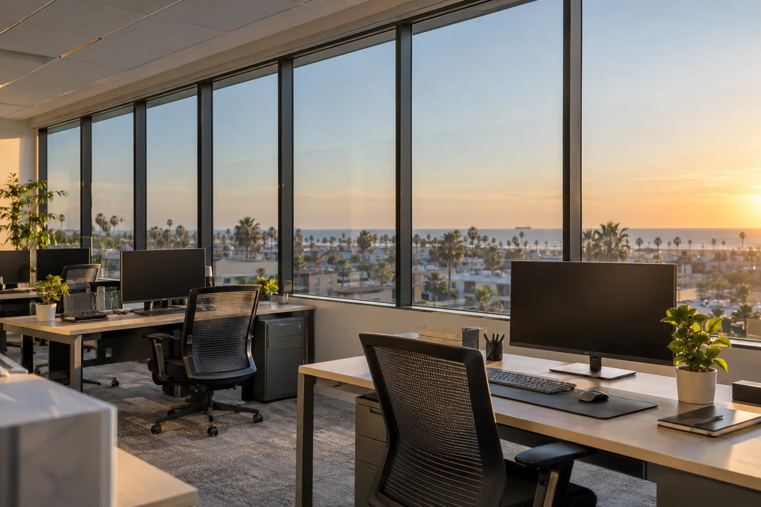 An office with tall windows and the evening sun outside